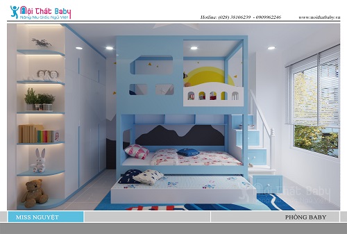 Mẫu phòng ngủ baby giường tầng màu xanh trắng